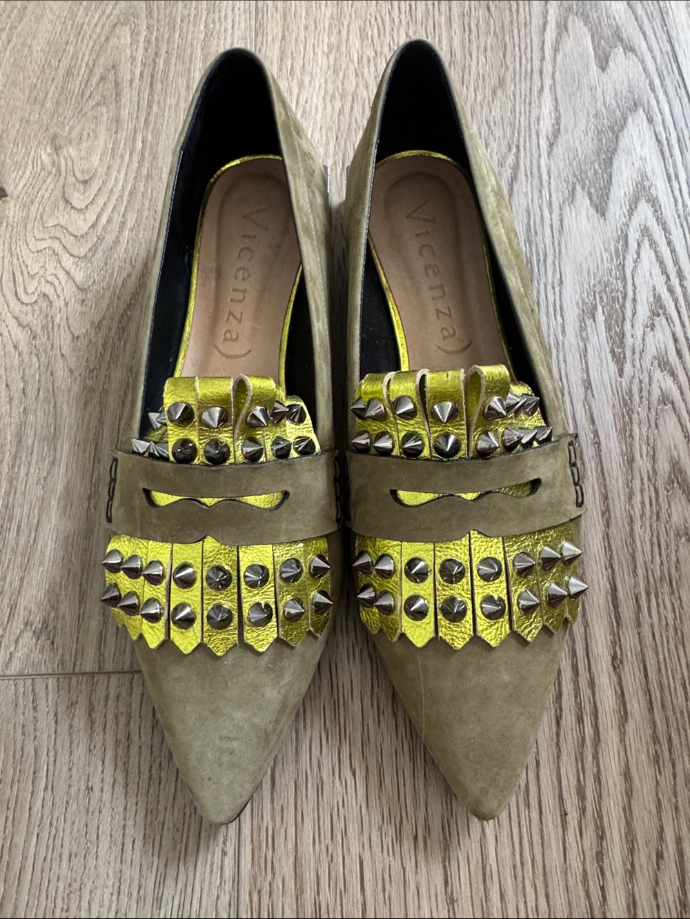 Vicenza Olive Suede Pointed Loafers with Metallic Fringe